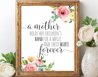 Una madre sostiene la mano de sus hijos por un tiempo y sus corazones para siempre Regalo de hija para mamá Día de las Madres Imprimible Mamá Cumpleaños Madre Regalo