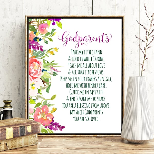 Christening Gift for Godparents, Take my little hand and hold it while I grow, Godparents Poem, Printable Verses, Thank You Gift, Baptism