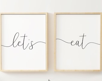 Let’s eat Print Diptych, Printable Quote Posters Set of 2 Prints, Dinning Room Wall Art Decor, Kitchen Wall Art, Handwritten Style Lettering