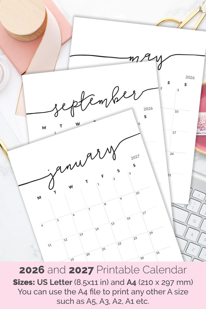Printable Calendar 2026-2027 Calendar for Frame Planner Calendar Planner Insert Calendar Refills Minimalist Calendar PDF Monthly Calendar image 1