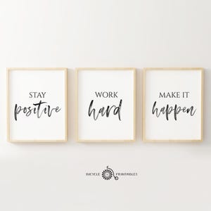 Stay Positive Work Hard Make it Happen Quote Poster Bundle, Set of 3 Prints, Modern Minimalist Lettering Art Watercolor, Home Office Art