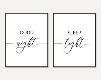 Above Bed Signs, Diptych Printable Quote Poster Good Night Sleep Tight, Lettering Print, His and Hers Bedroom Wall Art for Couples