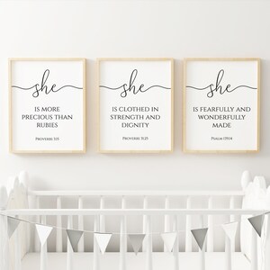 She is more precious than rubies, She is clothed in strength and dignity, She is fearfully and wonderfully made Nursery Quote Print Triptych