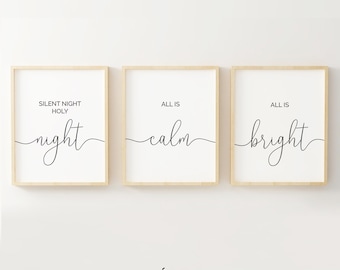 Silent night Holy night, all is calm, all is bright – Christmas Carol Decor Printable Poster Set of 3 Pieces, Home Quotes Printable Wall Art