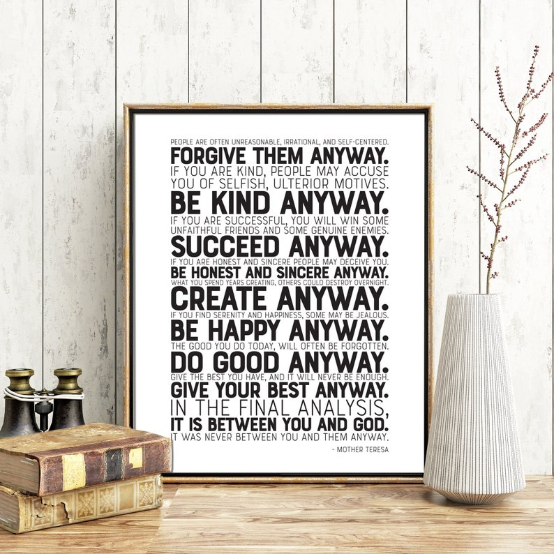 Mother Teresa Printable Quote Forgive Them Anyway, Motivational Quote, Inspirational Art, Wall Art Decor, Printable Poster, Instant Print image 1