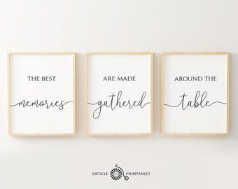 May include: Three framed prints with the text "The best memories are made gathered around the table" in a simple black script font.
