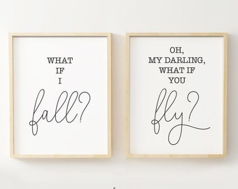 What if I fall? Oh my darling what if you fly? Nursery Quote Print Diptych, Set of 2 Posters, Nursery Decor, Kids Room, Printable Quote