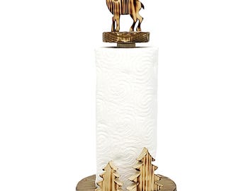 Wood paper towel holder, kitchen roll holder, wood roll holder for paper with deer and fir trees, rustic mountain style, wooden home decor