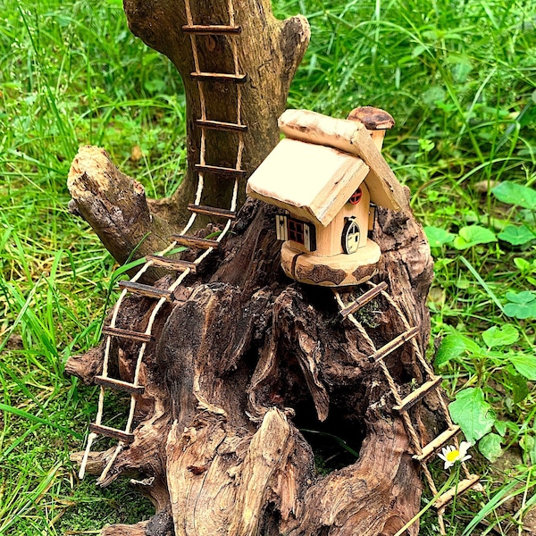 Miniature fairy gnome ladder wood and rope 6 to 26 inches, wooden gnome house accessories, treehouse ladder, doll house furniture miniatures