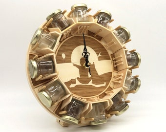Spice rack made of wood, spice jars, wood spice rack, wood wall clock, gift idea, spice holder, mom's gift, kitchen furniture, made in italy