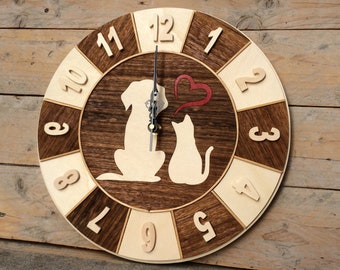 Wooden cat and dog wall clock, kids room clock, pet clock with arabic numerals