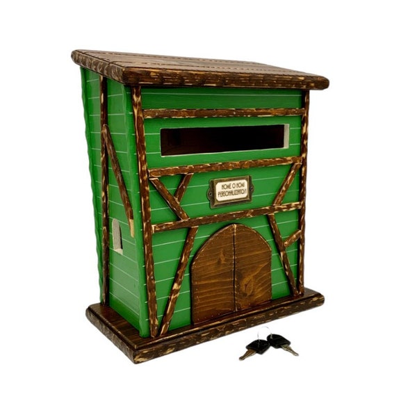 Wooden outdoor mailbox, Alsatian and Tyrolean-style wooden letterbox, half-timbered, outdoor post box