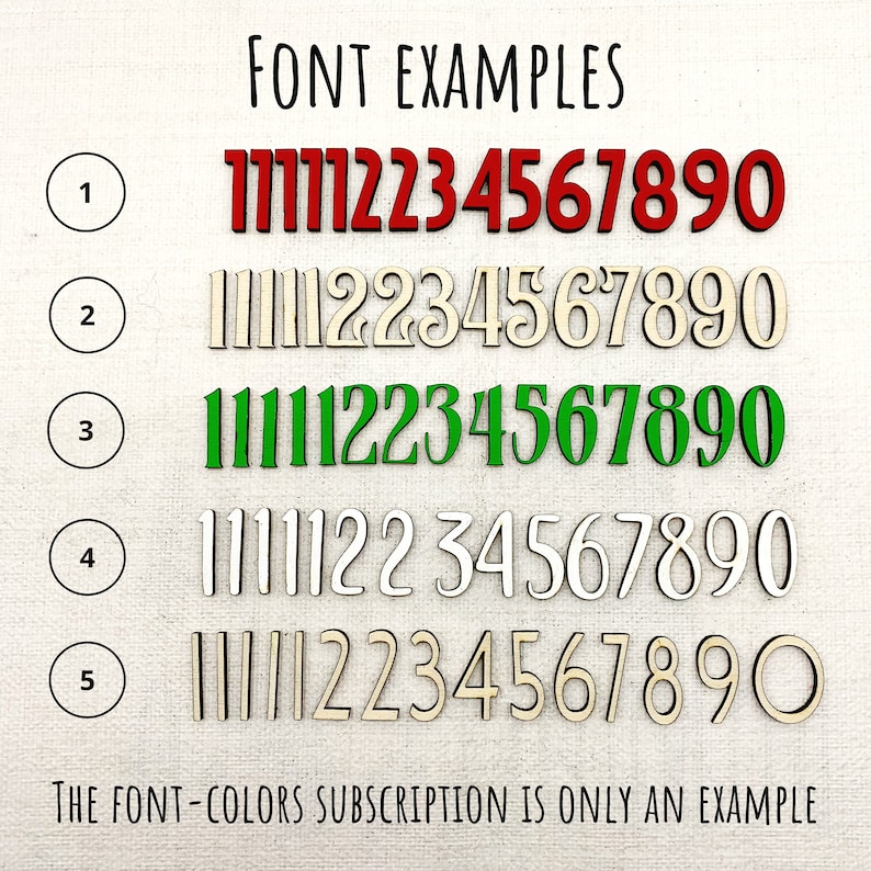 Pu&ograve; includere: Immagine che mostra esempi di font con il testo "FONT EXAMPLES". Gli esempi mostrano i numeri da 1 a 0 in vari stili e colori, tra cui rosso, verde, argento e legno naturale. &Egrave; presente anche il testo "THE FONT-COLORS SUBSCRIPTION IS ONLY AN EXAMPLE".