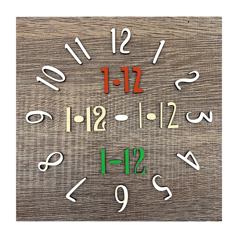 Pu&ograve; includere: Quadrante di orologio in legno con numeri bianchi, rossi e verdi e la scritta "1-12" in rosso e verde. I numeri sono disposti attorno al quadrante su uno sfondo di legno.