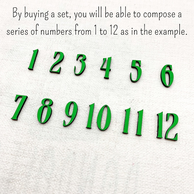 Pu&ograve; includere: Numeri in legno verde da 1 a 12 disposti su una superficie bianca. I numeri sono in un carattere serif con un contorno scuro. Il testo sopra i numeri recita: "Acquistando un set, potrai comporre una serie di numeri da 1 a 12 come nell'esempio."