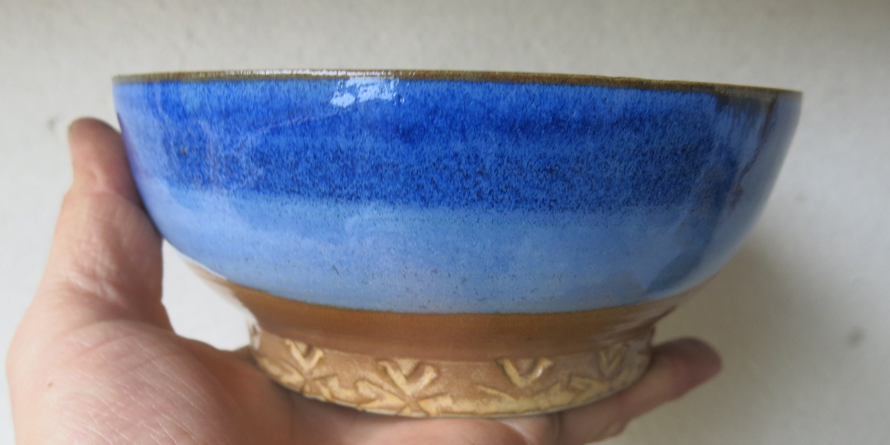 Grand Bol en Grès Jaune et Bleu Argenté Gravé