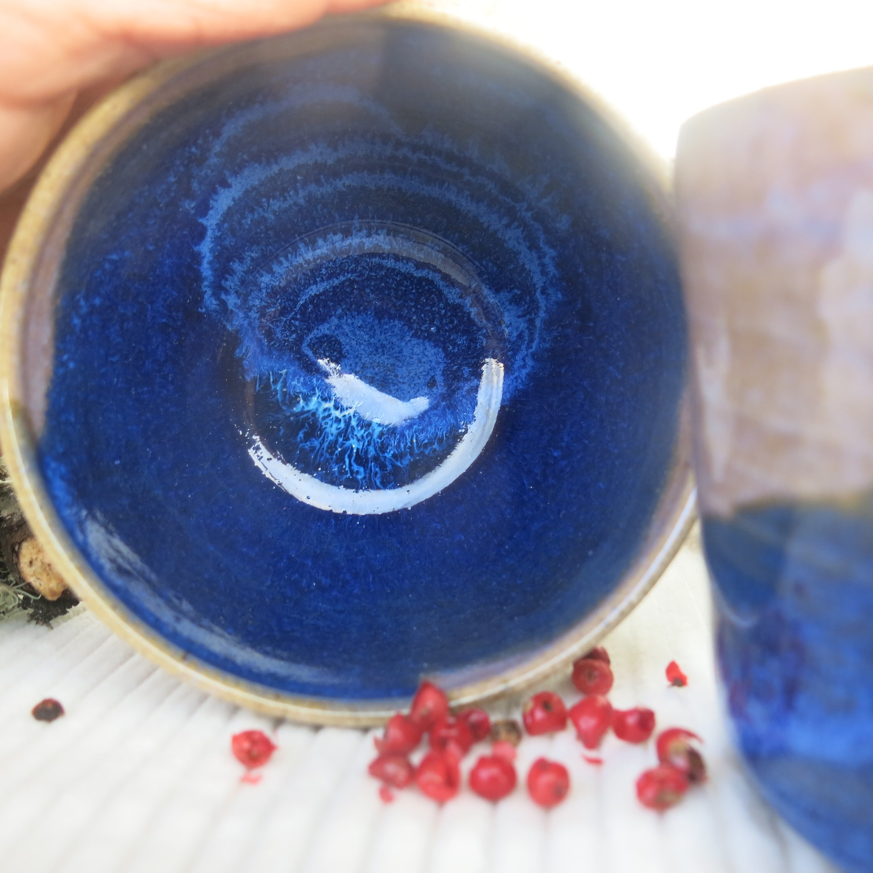 Ensemble de 2 Tasses Sans Hanse, en Grès Bleu et Violet Argenté Céramique Artisanale Francaise