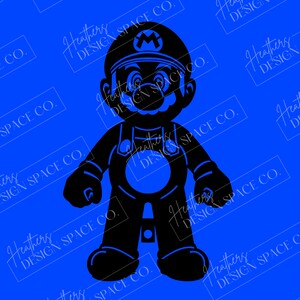 May include: Black silhouette of a video game character with a mustache and a hat. The character is wearing overalls and has a large, round belly.