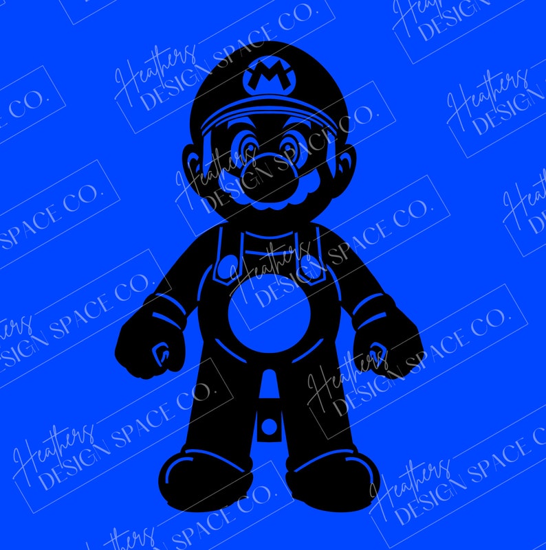 May include: Black silhouette of a video game character with a mustache and a hat. The character is wearing overalls and has a large, round belly.