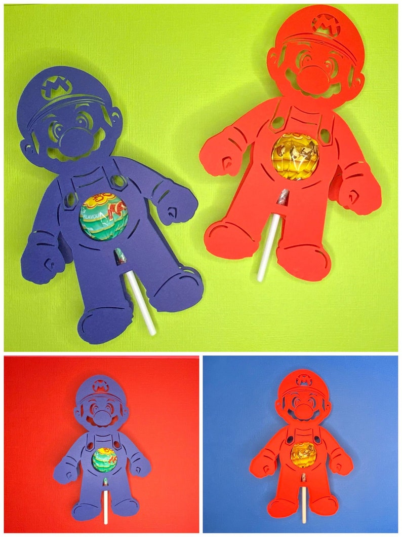 May include: Four cutout figures of the video game character Mario, two in red and two in purple, with a lollipop in the center of each figure. The figures are on different colored backgrounds.