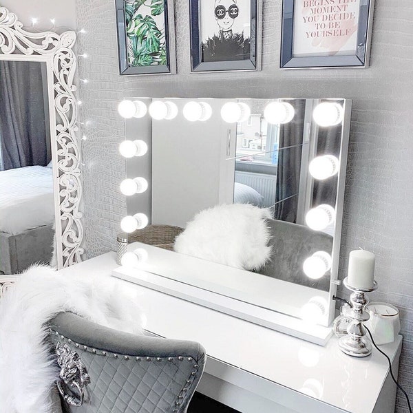 Hollywood Vanity Beauty Mirror Dimmable with 14 Large LED Blulbs Illuminated Light Dressing Makeup Table Top UK Christmas Gift for Her