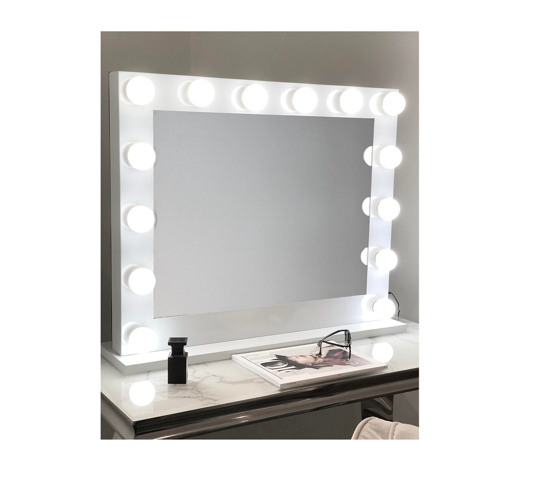 Hollywood White Vanity Beauty Mirror Dimmable with 14 Large LED Blulbs Illuminated Light UP Dressing Makeup Table Top Mirror UK Gift for Her