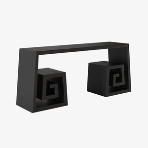 May include: Black wooden console table with two built-in stools. The stools have a geometric design on the front.