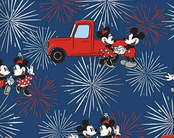 Mickey Mouse Fabric - Fourth of July Fireworks on Blue  - Licensed Character Fabric - 100% Cotton
