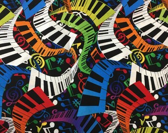 Piano Keyboard Music Novelty Fabric / multi color on Black / 100% cotton / Hi-Fashion Fabrics / Remnant 16" x 42"