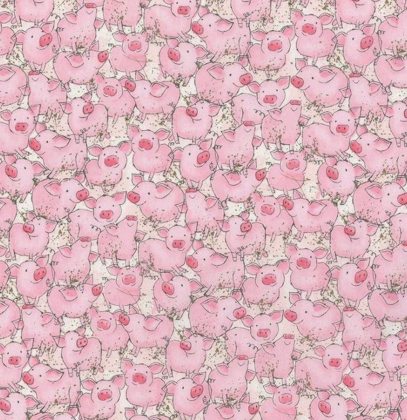 100/% Cotton Pig Fabric Pink on cream