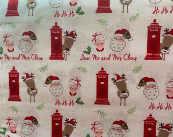 Mr and Mrs Claus fabric. Santa- White Background  - Christmas Fabric - 100% Cotton