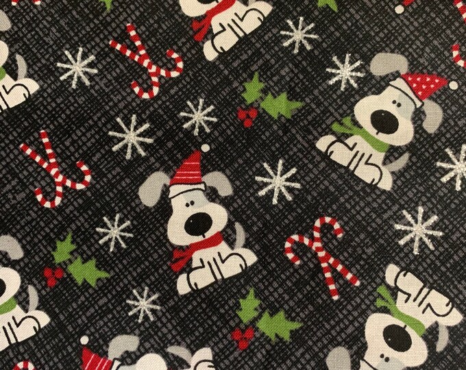 Dog Christmas Fabric Black Background With Candycanes Mistletoe and