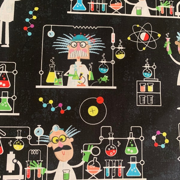 STEM Squad Mad Scientist science Fabric - Black -  100% Cotton - Michael Miller - Novelty Fabric