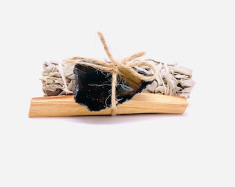 Palo Santo White Sage Crystal Bundle | Natural Cleansing Gift Set | Home Refresh & Balance Kit | Smudge Bundle with Dark colored Crystal