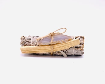 Palo Santo White Sage Crystal Bundle | Natural Cleansing Gift Set | Home Refresh & Balance Kit | Smudge Bundle with Light colored Crystal