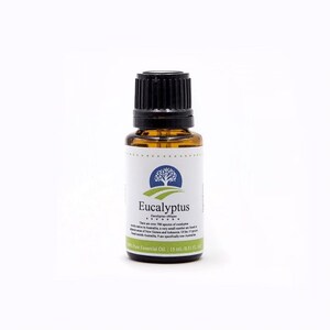 May include: A small brown glass bottle with a black cap, labeled "Eucalyptus" with a green tree logo. The bottle contains 15 ml (0.5 fl oz) of 100% pure essential oil.