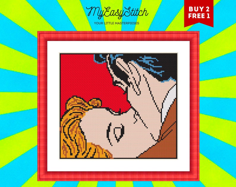 Pop Art Cross Stitch Cross Stitch Pattern Kiss Kissing Couple Pdf Love Cross Stitch Pattern Decor Diy Crafts Download Myeasystitch