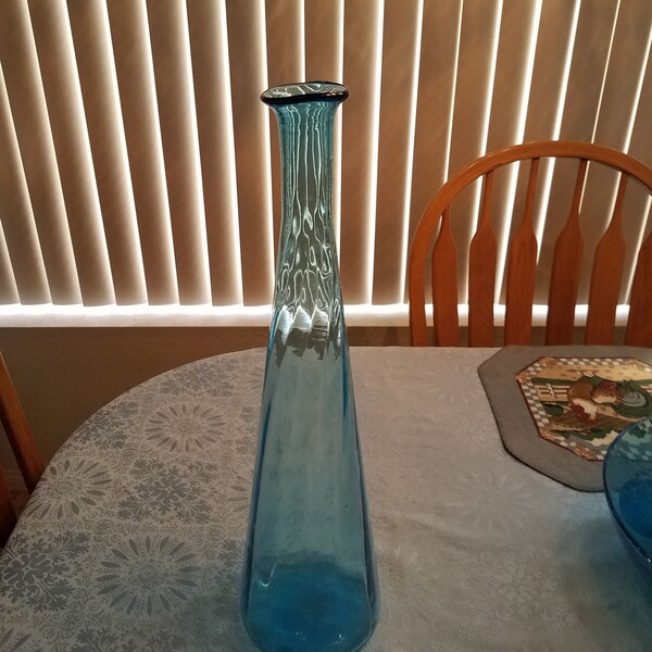 Vintage Lg Hand Blown Italian Art Glass Beautiful Blue Glass Bottle 19 1/2" Tall