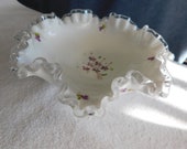 Vintage 1950s Fenton Milk Glass crimped scalloped Silvercrest edge Compote Bowl