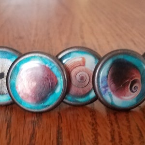 May include: Eight round, teal blue, metal drawer knobs with different sea-themed images. The images include a seashell, a starfish, a seahorse, and a crab.
