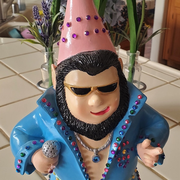 Hand Painted EASTER Elvis Garden Gnome with glasses, Necklace, 3 rings and over 148 pieces of Pink, Yellow, Purple & Blue Gems FREE SHIP