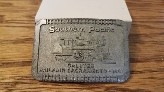 Vintage 1981 Pewter Southern Pacific Salutes Rail Fair Sacramento Belt Buckle  FREE SHIPPING