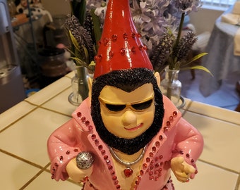 Hand Painted Pink VALENTINE'S Elvis Garden Gnome in his outfit with glasses Necklace 3 rings over 148 pieces of Red and Pink Gems FREE SHIP