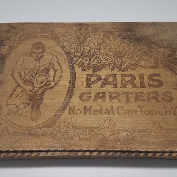 Vintage 1908 A. Stein Paris Garters No Metal Can Touch You Wood Box  FREE SHIPPING