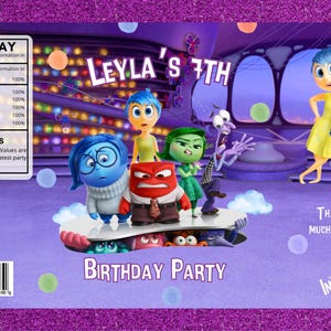 May include: A purple and blue birthday party invitation featuring characters from the movie Inside Out 2. The invitation says "Leyla's 7th Birthday Party" and includes the text "Thank you so much for coming!"