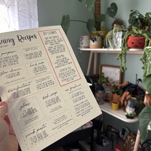 May include: A printable sheet of cleaning recipes with DIY cleaners, including all-purpose, floor cleaner, disinfectant, glass, dish soap, hand soap, scrub paste, and air freshener. The recipes include ingredients like isopropyl alcohol, Castile soap, vinegar, and essential oils.