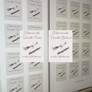 May include: A sheet of labels with a design of vanilla beans and flowers. The labels read "Homemade Vanilla Paste" and "Homemade Vanilla Extract" with the text "made with love on:" below.