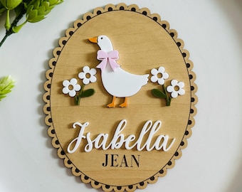 Silly Goose Personalized Baby Name Sign | Goose Nursery Decor with Flowers & Bow | Custom Wood Sign for Baby Girl | Goose Baby Theme