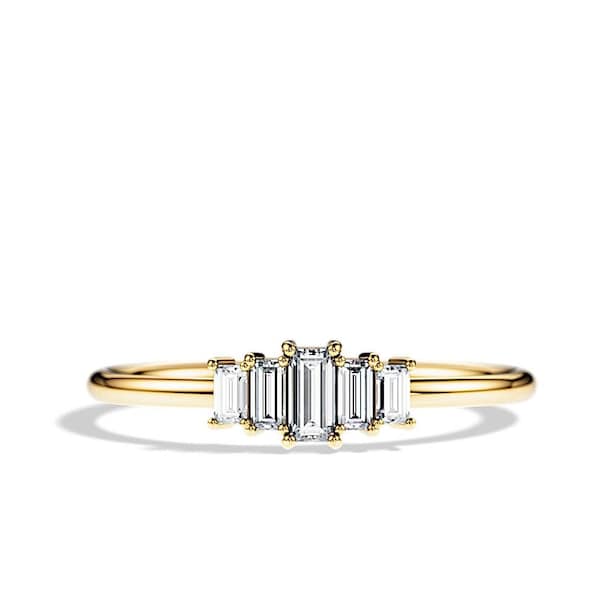 Baguette Diamond Ring / Art Deco Engagement Ring / Five Stone Ring / 14K 18K Gold Dainty Baguette Cut Diamond Ring / Womens Bridal Ring