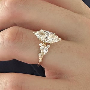 Anillo de inspiración natural con diamantes cultivados en laboratorio de talla marquesa de 2 quilates / Anillo de diamantes cultivados en laboratorio de talla marquesa con forma de rama / Anillo de diamantes de oro amarillo de 14 k y 18 k con forma de hoja y rama